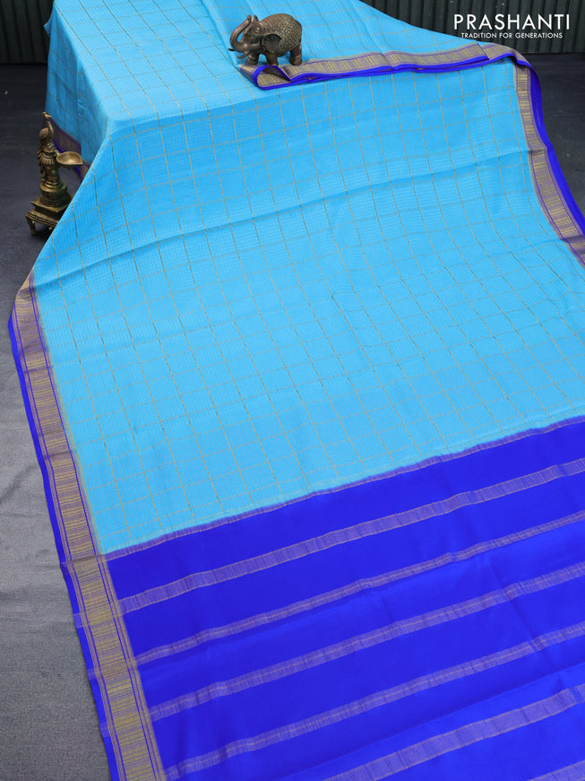 Pure mysore silk saree light blue and royal blue with allover zari checked pattern and zari woven border