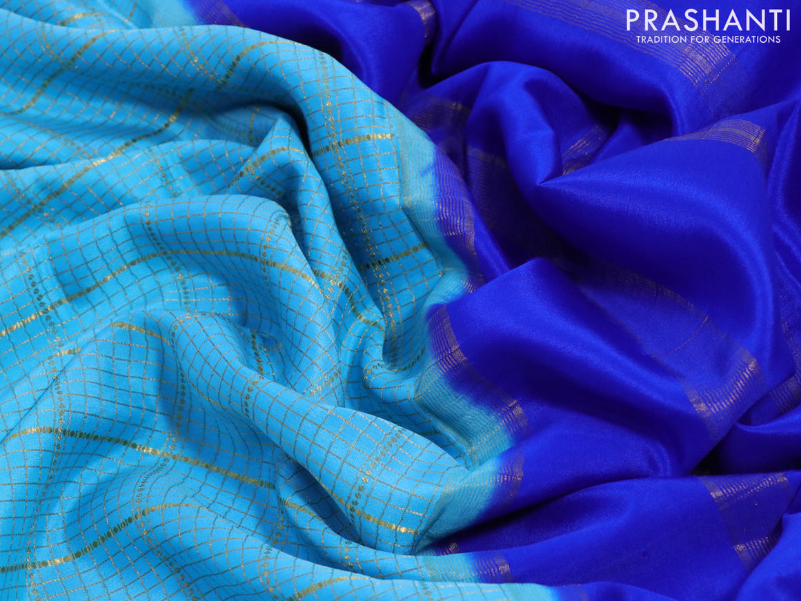 Pure mysore silk saree light blue and royal blue with allover zari checked pattern and zari woven border