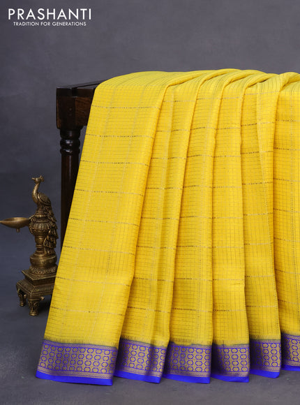 Pure mysore silk saree lime yellow and royal blue with allover zari checked pattern and zari woven border