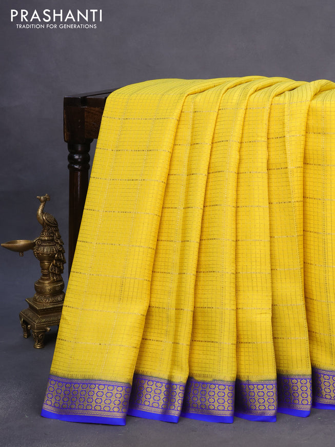 Pure mysore silk saree lime yellow and royal blue with allover zari checked pattern and zari woven border