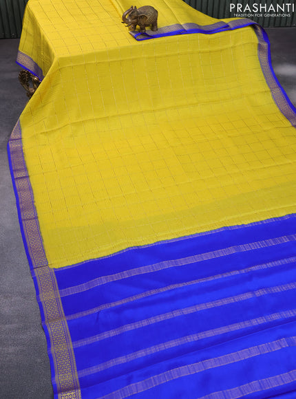 Pure mysore silk saree lime yellow and royal blue with allover zari checked pattern and zari woven border