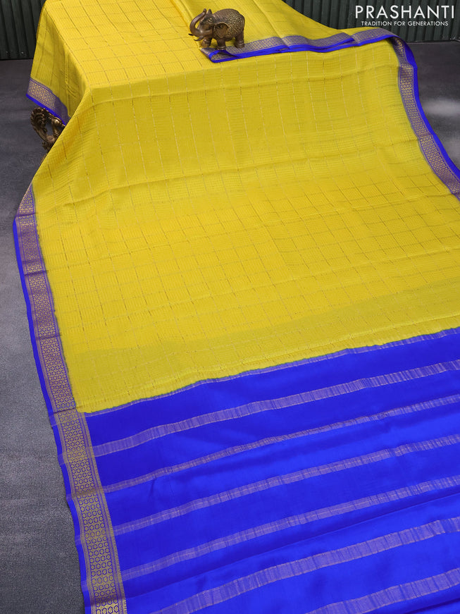 Pure mysore silk saree lime yellow and royal blue with allover zari checked pattern and zari woven border