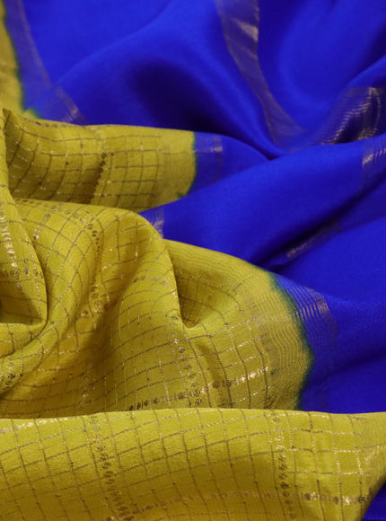 Pure mysore silk saree lime yellow and royal blue with allover zari checked pattern and zari woven border