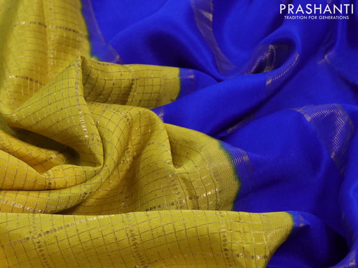 Pure mysore silk saree lime yellow and royal blue with allover zari checked pattern and zari woven border