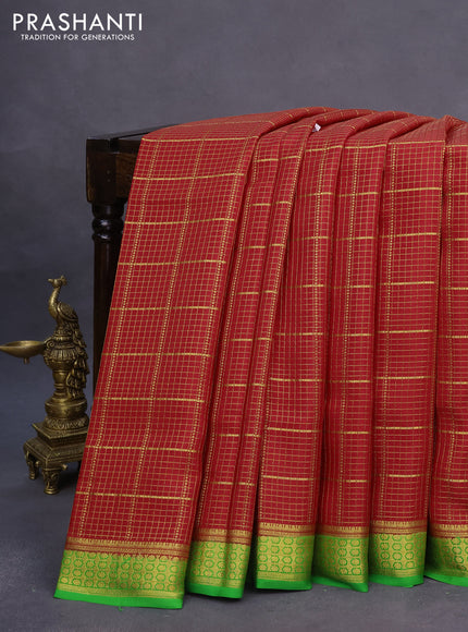 Pure mysore silk saree red and green with allover zari checked pattern and zari woven border