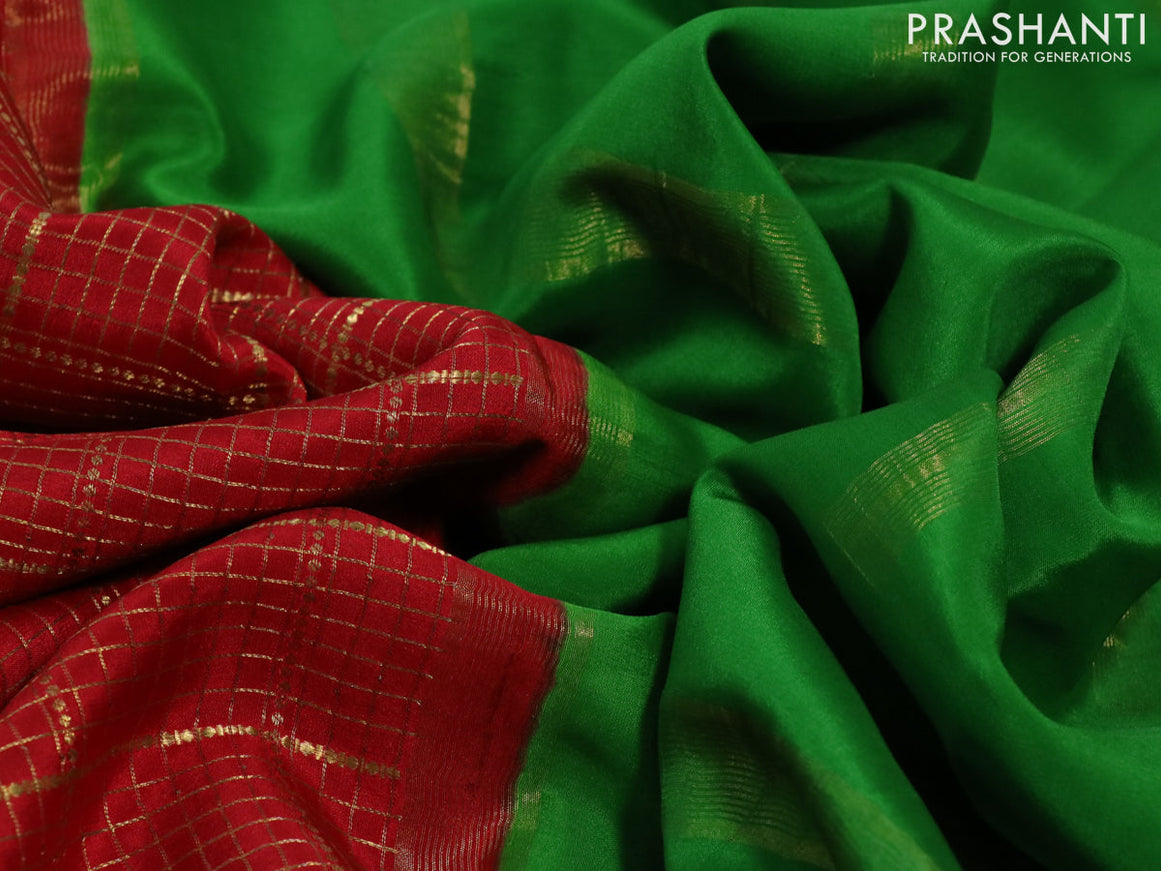 Pure mysore silk saree red and green with allover zari checked pattern and zari woven border