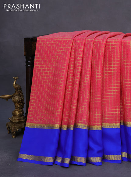 Pure mysore silk saree peach pink shade and blue with allover zari checked pattern and rettapet zari woven border