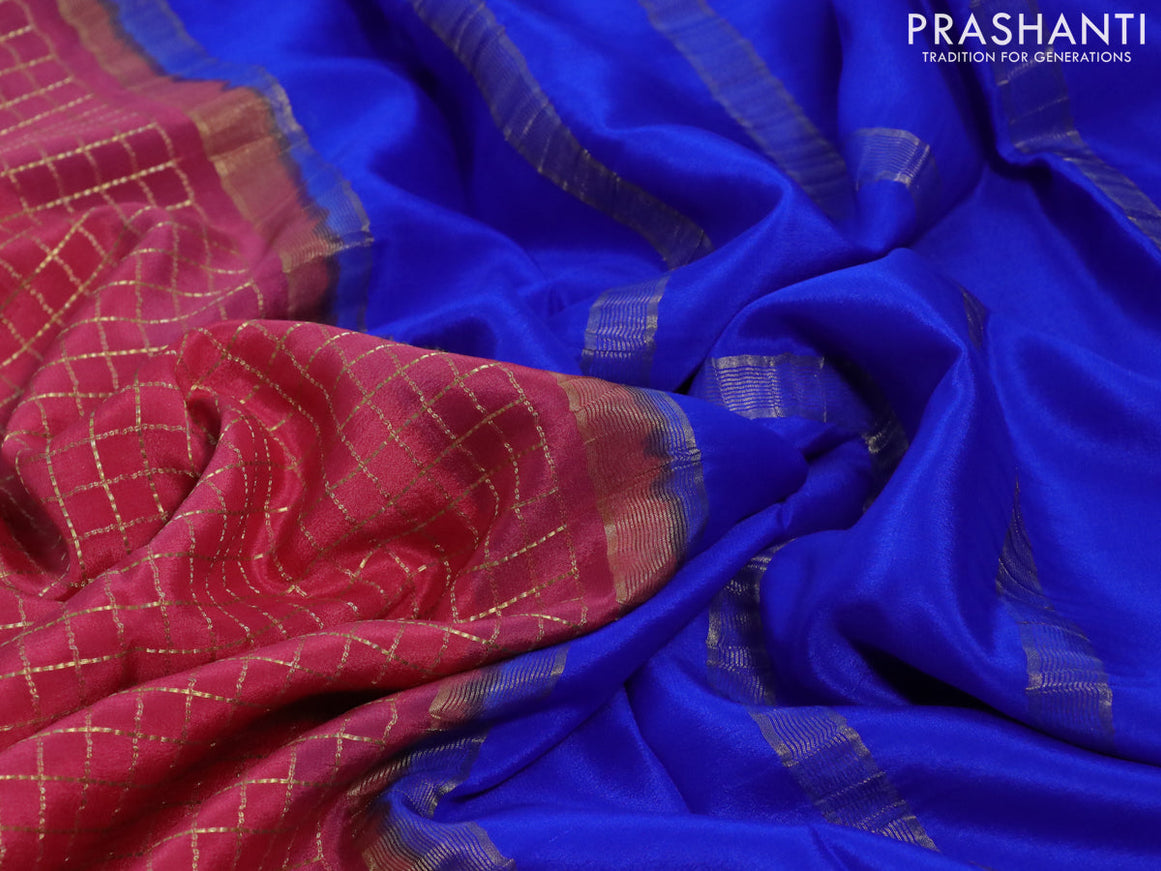 Pure mysore silk saree peach pink shade and blue with allover zari checked pattern and rettapet zari woven border