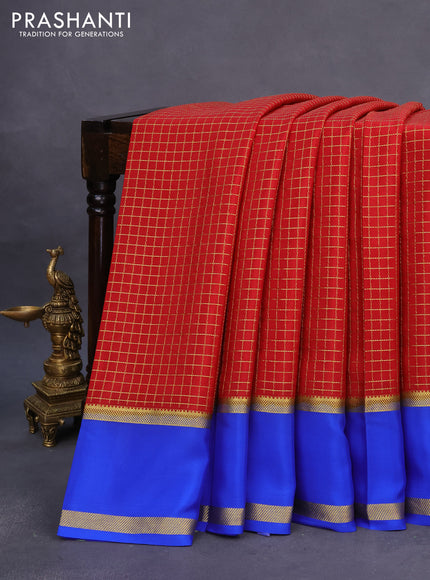 Pure mysore silk saree maroon and blue with allover zari checked pattern and rettapet zari woven border