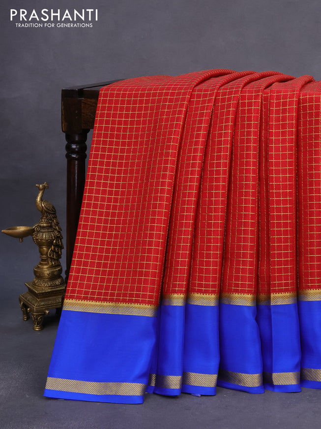 Pure mysore silk saree maroon and blue with allover zari checked pattern and rettapet zari woven border