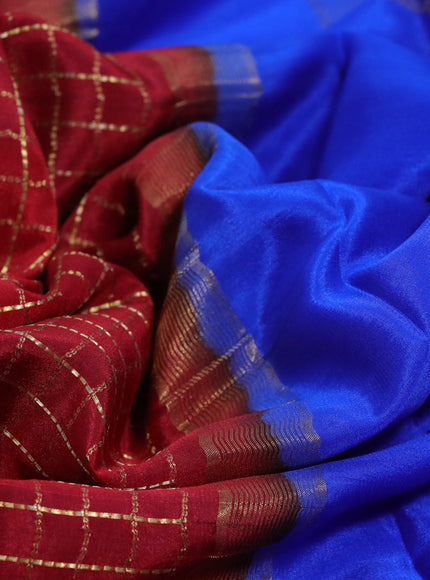 Pure mysore silk saree maroon and blue with allover zari checked pattern and rettapet zari woven border