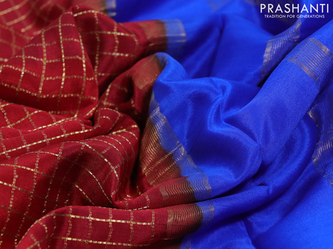 Pure mysore silk saree maroon and blue with allover zari checked pattern and rettapet zari woven border