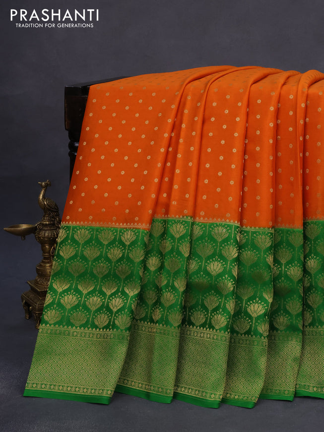 Pure mysore silk saree orange and green with allover zari woven butta weaves and long zari woven border