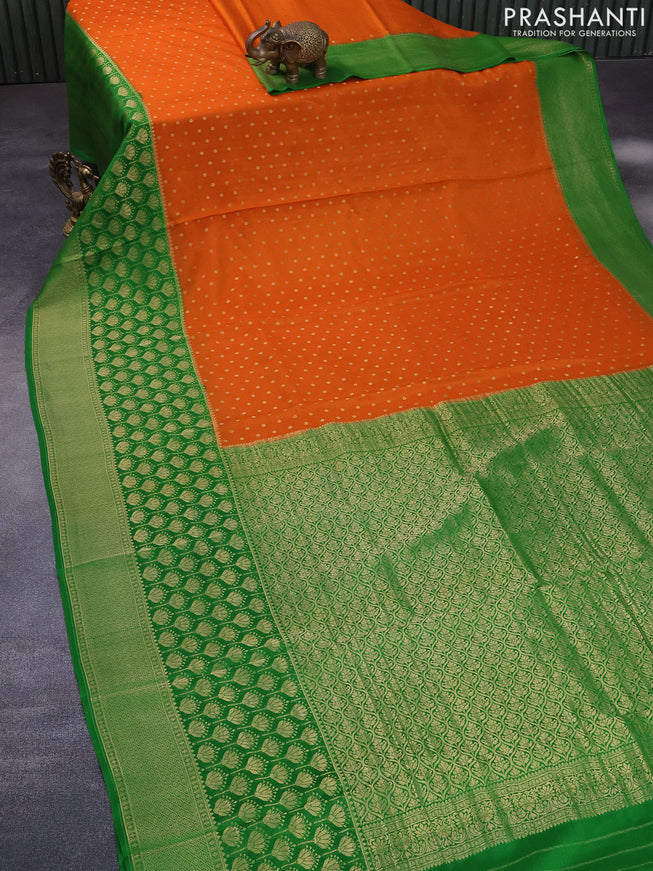 Pure mysore silk saree orange and green with allover zari woven butta weaves and long zari woven border