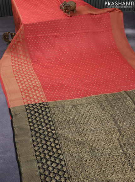 Pure mysore silk saree peach orange and black with allover zari woven butta weaves and long zari woven border