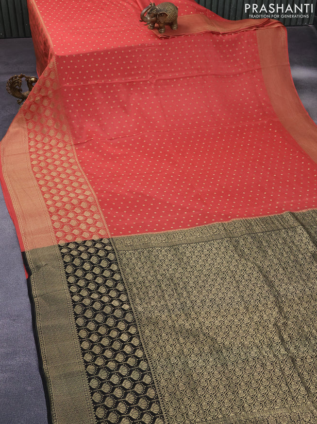 Pure mysore silk saree peach orange and black with allover zari woven butta weaves and long zari woven border