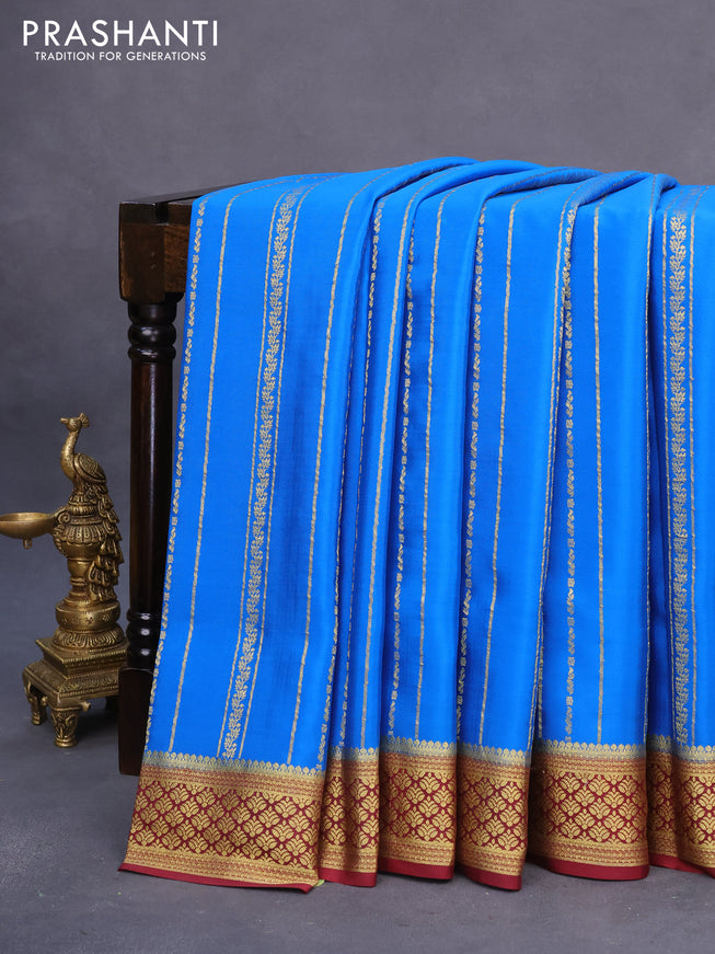 Pure mysore silk saree cs blue and maroon with allover zari weaves and rich zari woven border