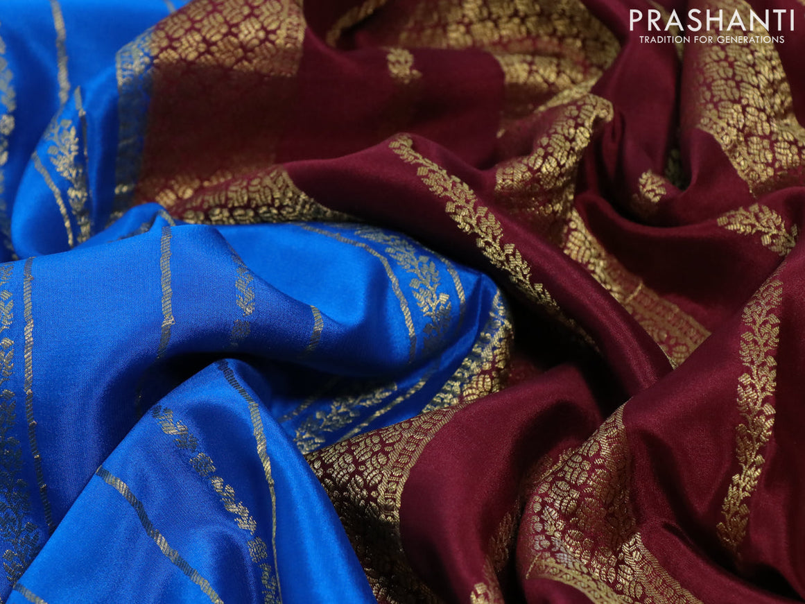 Pure mysore silk saree cs blue and maroon with allover zari weaves and rich zari woven border