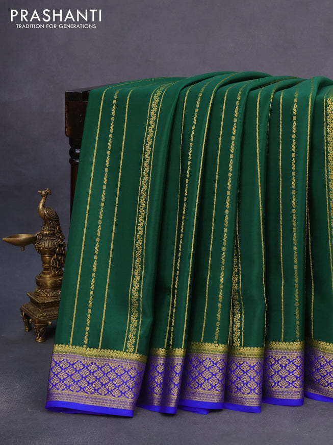 Pure mysore silk saree dark green and royal blue with allover zari weaves and rich zari woven border