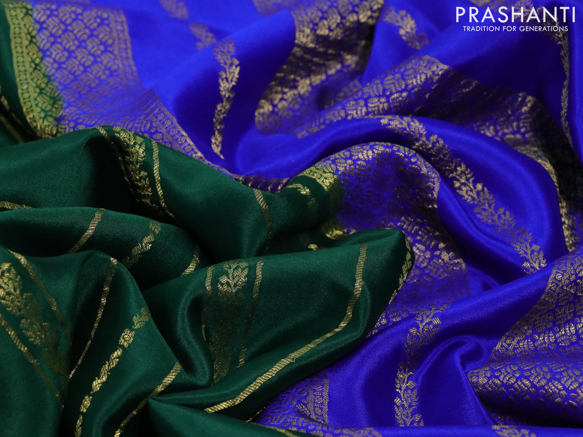 Pure mysore silk saree dark green and royal blue with allover zari weaves and rich zari woven border