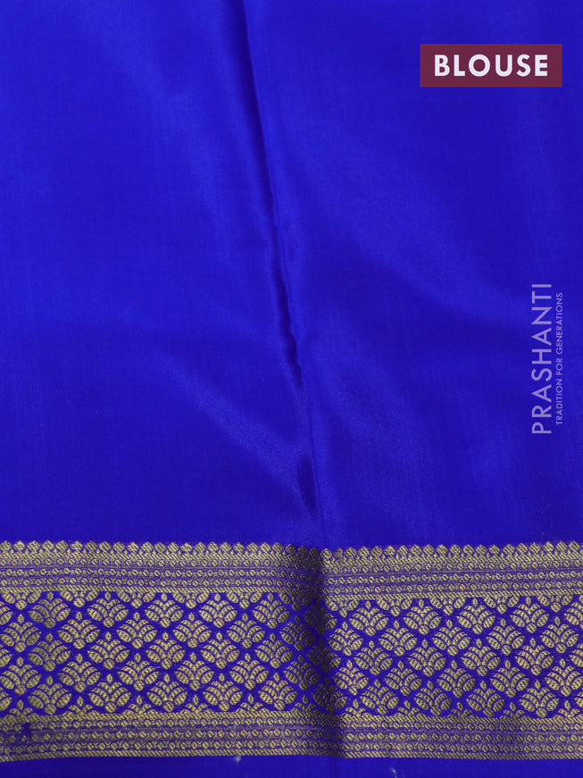 Pure mysore silk saree dark green and royal blue with allover zari weaves and rich zari woven border