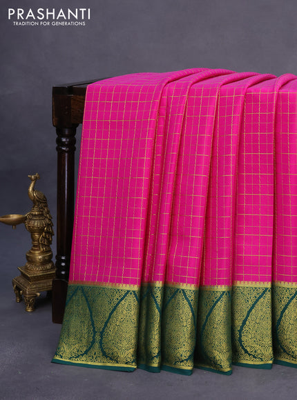 Pure mysore silk saree magenta pink and dark green with allover zari checked pattern and rich zari woven border