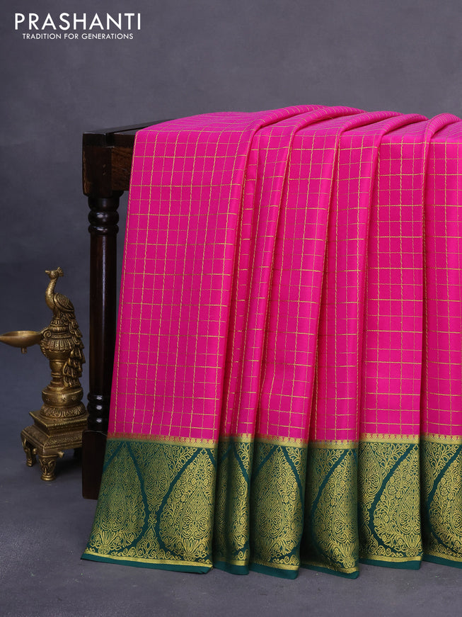 Pure mysore silk saree magenta pink and dark green with allover zari checked pattern and rich zari woven border