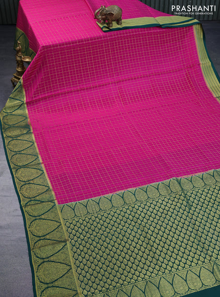 Pure mysore silk saree magenta pink and dark green with allover zari checked pattern and rich zari woven border