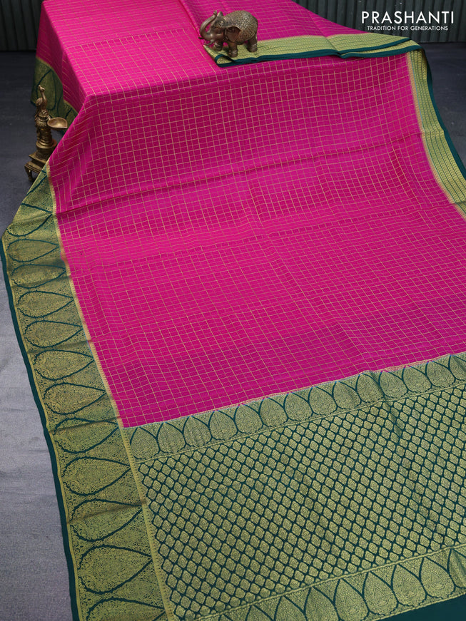 Pure mysore silk saree magenta pink and dark green with allover zari checked pattern and rich zari woven border