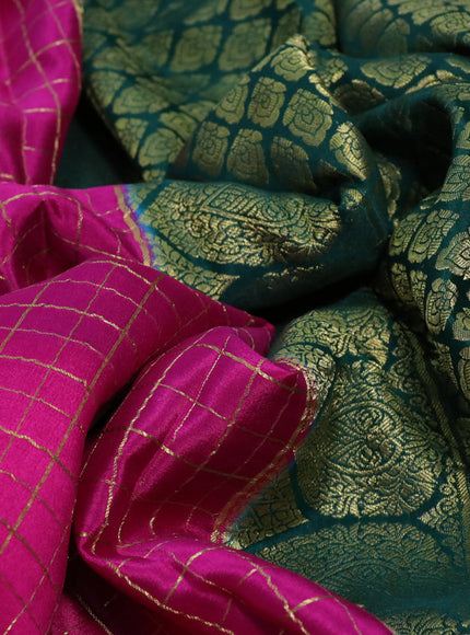 Pure mysore silk saree magenta pink and dark green with allover zari checked pattern and rich zari woven border