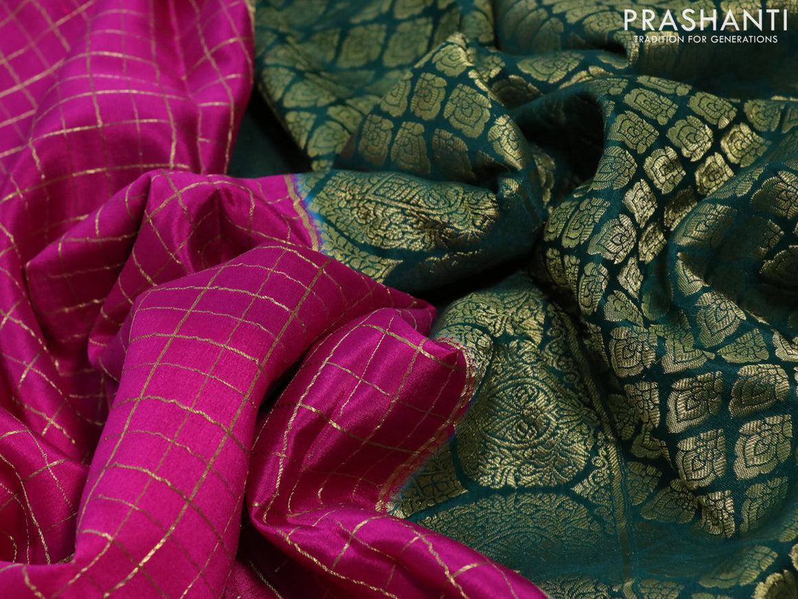 Pure mysore silk saree magenta pink and dark green with allover zari checked pattern and rich zari woven border