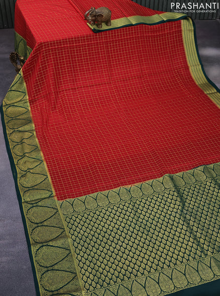 Pure mysore silk saree maroon and dark green with allover zari checked pattern and rich zari woven border