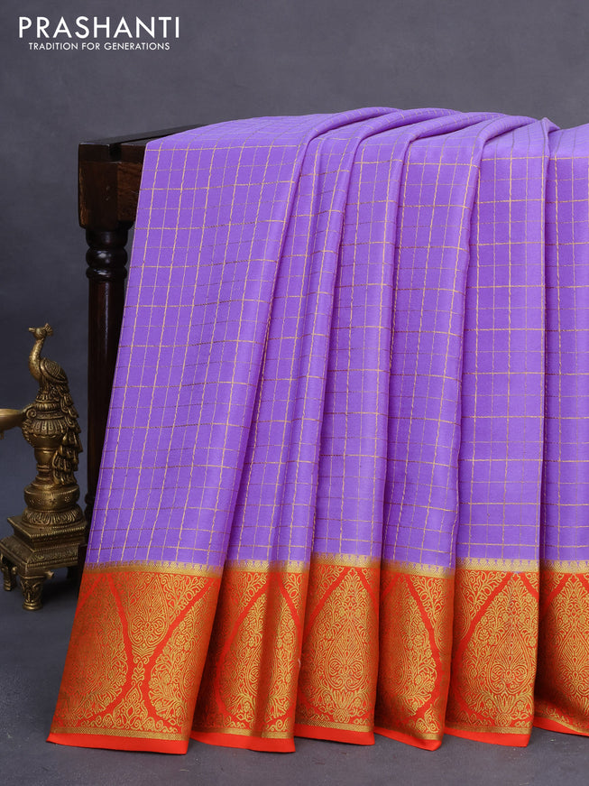 Pure mysore silk saree lavender and orange with allover zari checked pattern and rich zari woven border