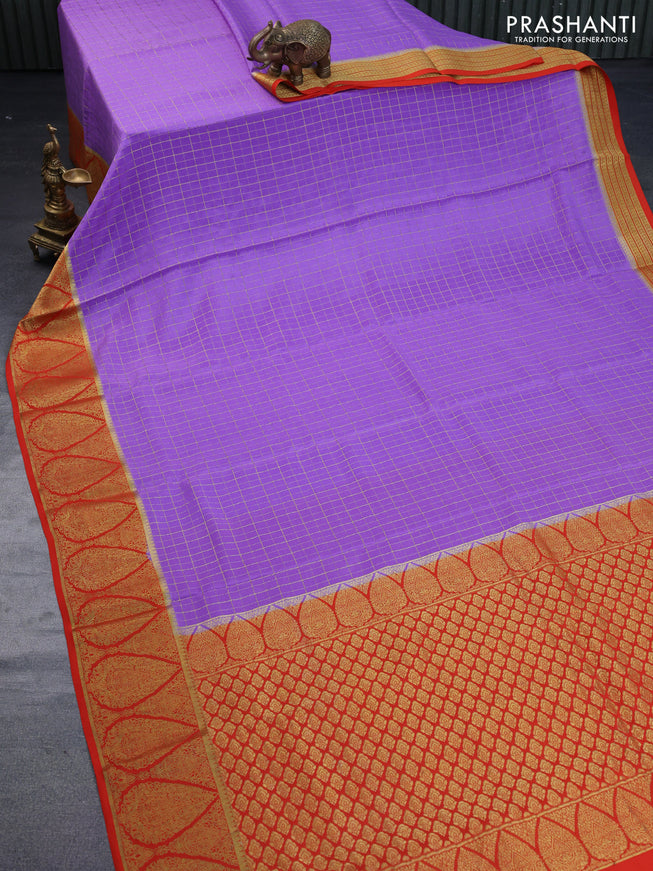 Pure mysore silk saree lavender and orange with allover zari checked pattern and rich zari woven border