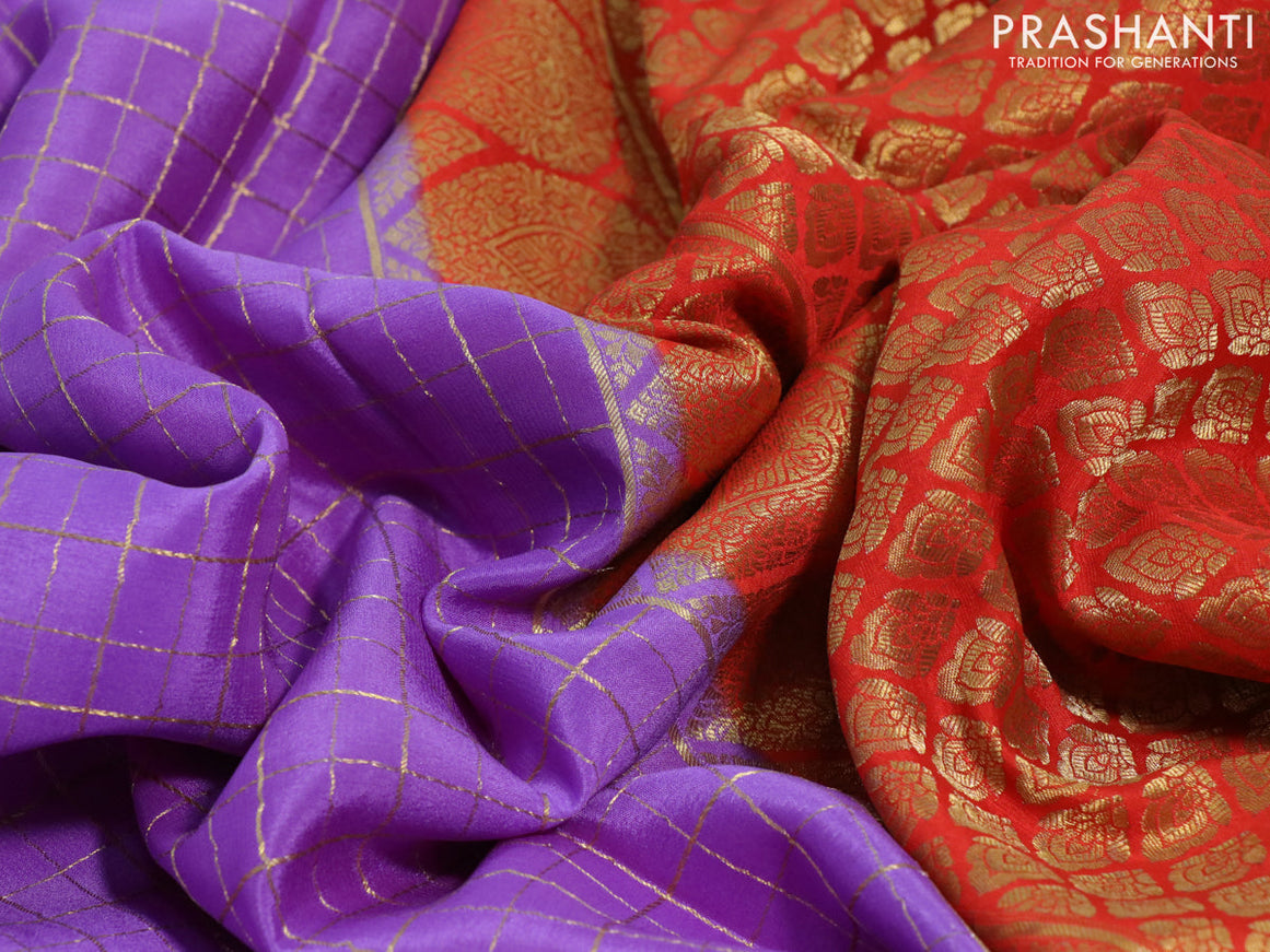 Pure mysore silk saree lavender and orange with allover zari checked pattern and rich zari woven border