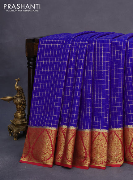 Pure mysore silk saree blue and maroon with allover zari checked pattern and rich zari woven border