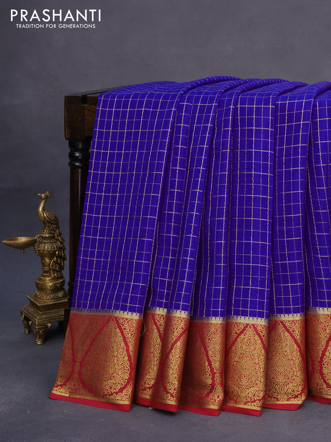 Pure mysore silk saree blue and maroon with allover zari checked pattern and rich zari woven border