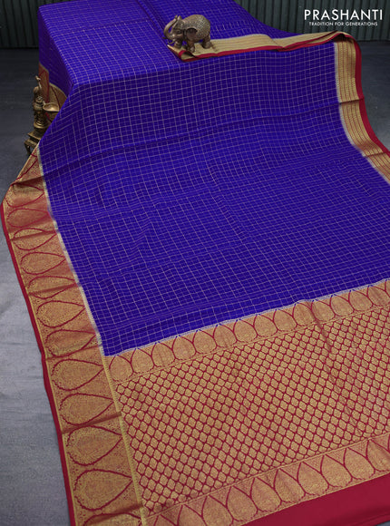 Pure mysore silk saree blue and maroon with allover zari checked pattern and rich zari woven border