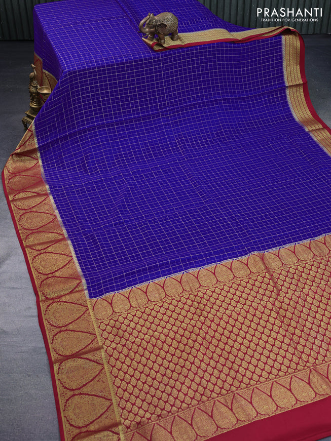 Pure mysore silk saree blue and maroon with allover zari checked pattern and rich zari woven border