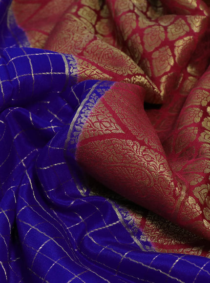 Pure mysore silk saree blue and maroon with allover zari checked pattern and rich zari woven border