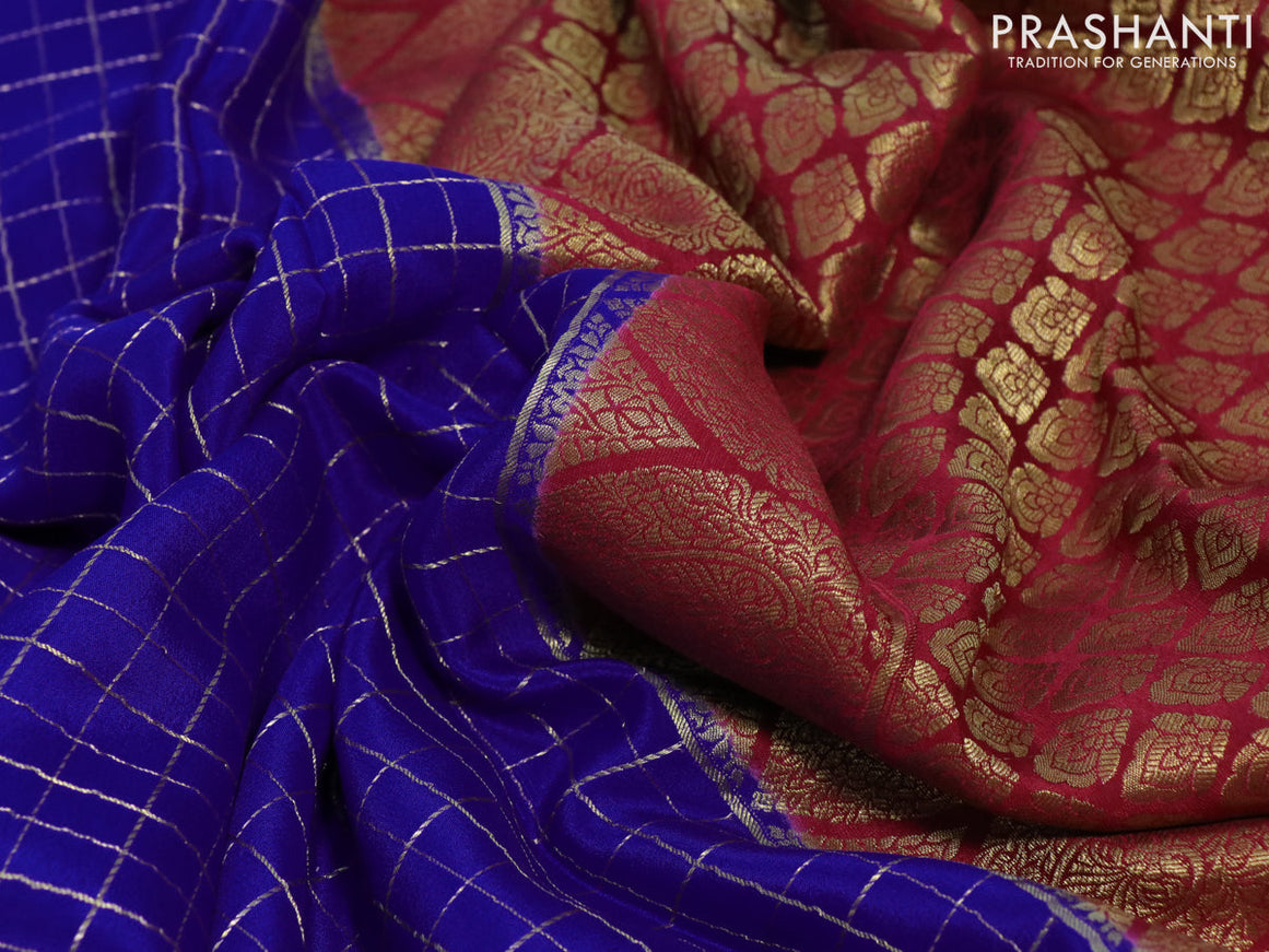 Pure mysore silk saree blue and maroon with allover zari checked pattern and rich zari woven border