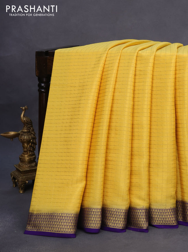 Pure mysore silk saree yellow and dark blue with allover zari checked pattern and zari woven border