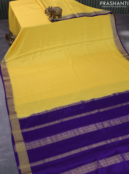 Pure mysore silk saree yellow and dark blue with allover zari checked pattern and zari woven border