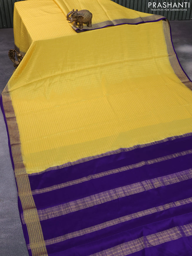 Pure mysore silk saree yellow and dark blue with allover zari checked pattern and zari woven border