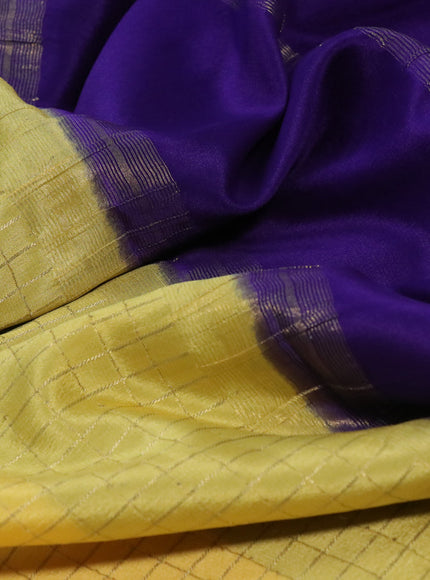 Pure mysore silk saree yellow and dark blue with allover zari checked pattern and zari woven border