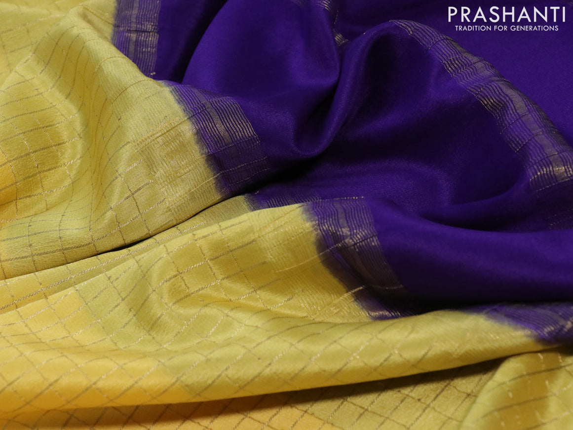 Pure mysore silk saree yellow and dark blue with allover zari checked pattern and zari woven border