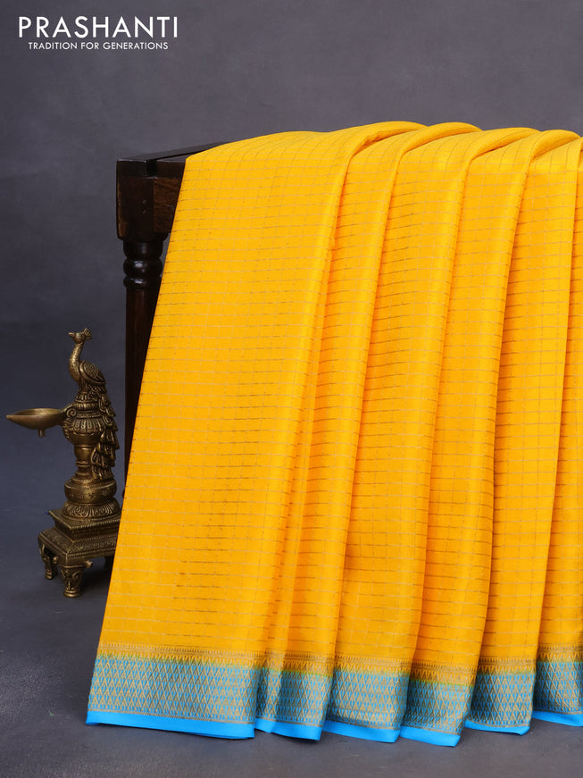 Pure mysore silk saree mango yellow and light blue with allover small zari checked pattern and rich zari woven border