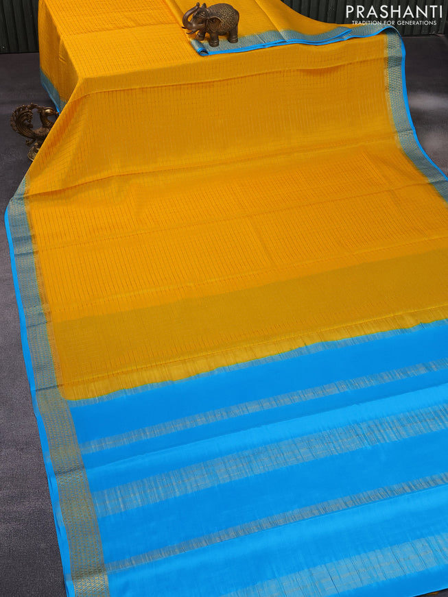 Pure mysore silk saree mango yellow and light blue with allover small zari checked pattern and rich zari woven border