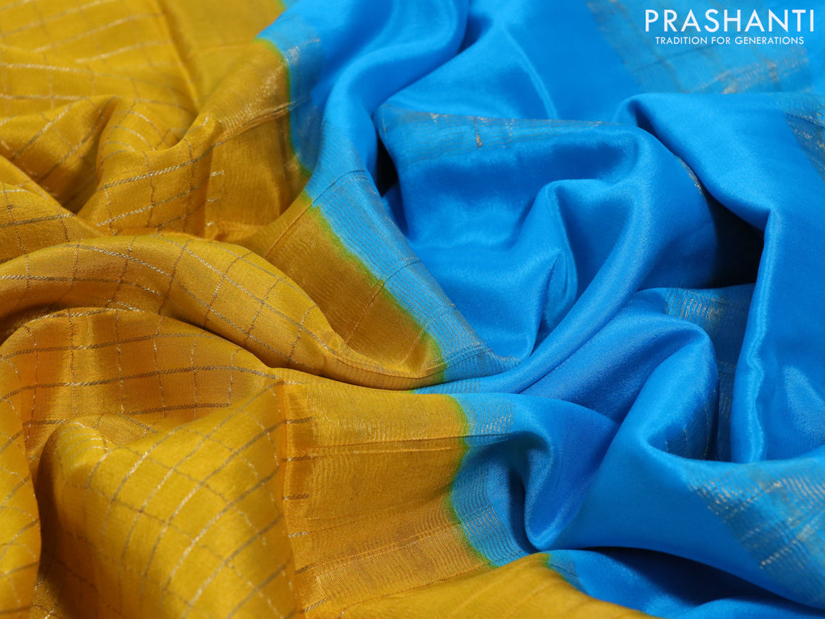 Pure mysore silk saree mango yellow and light blue with allover small zari checked pattern and rich zari woven border