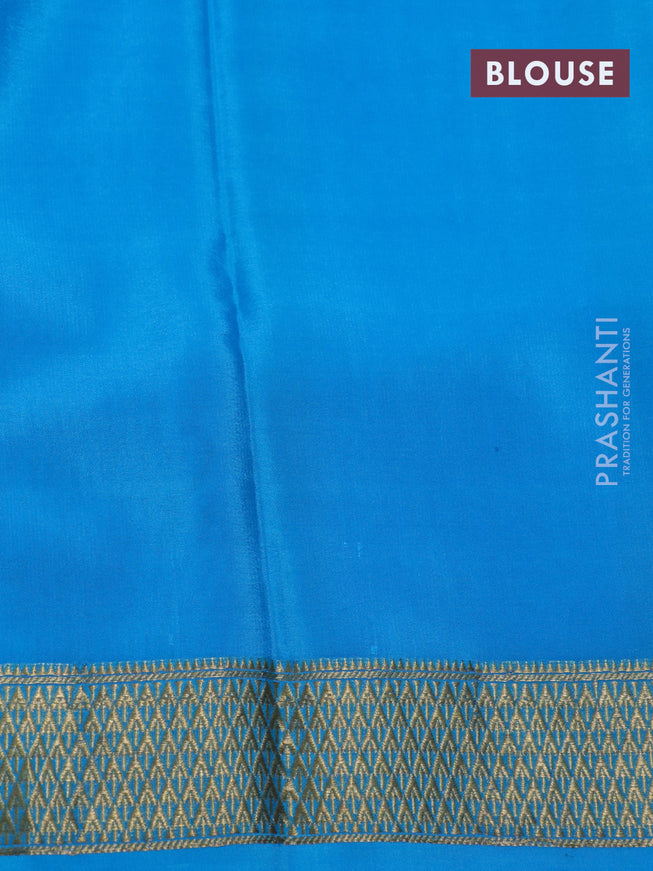 Pure mysore silk saree mango yellow and light blue with allover small zari checked pattern and rich zari woven border